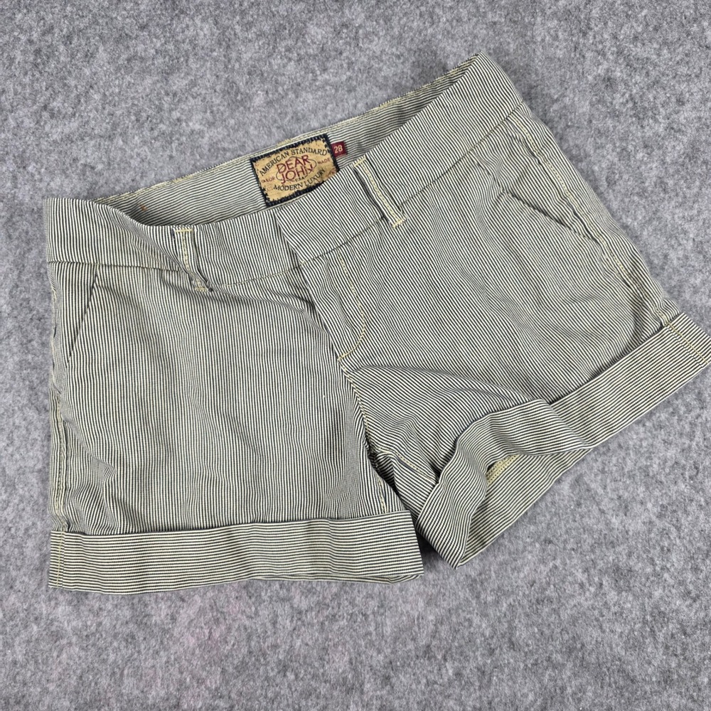 Dear John Denim Hickory Railroad Stripes Shorts Navy Beige Cuffed Nautical sz 28
